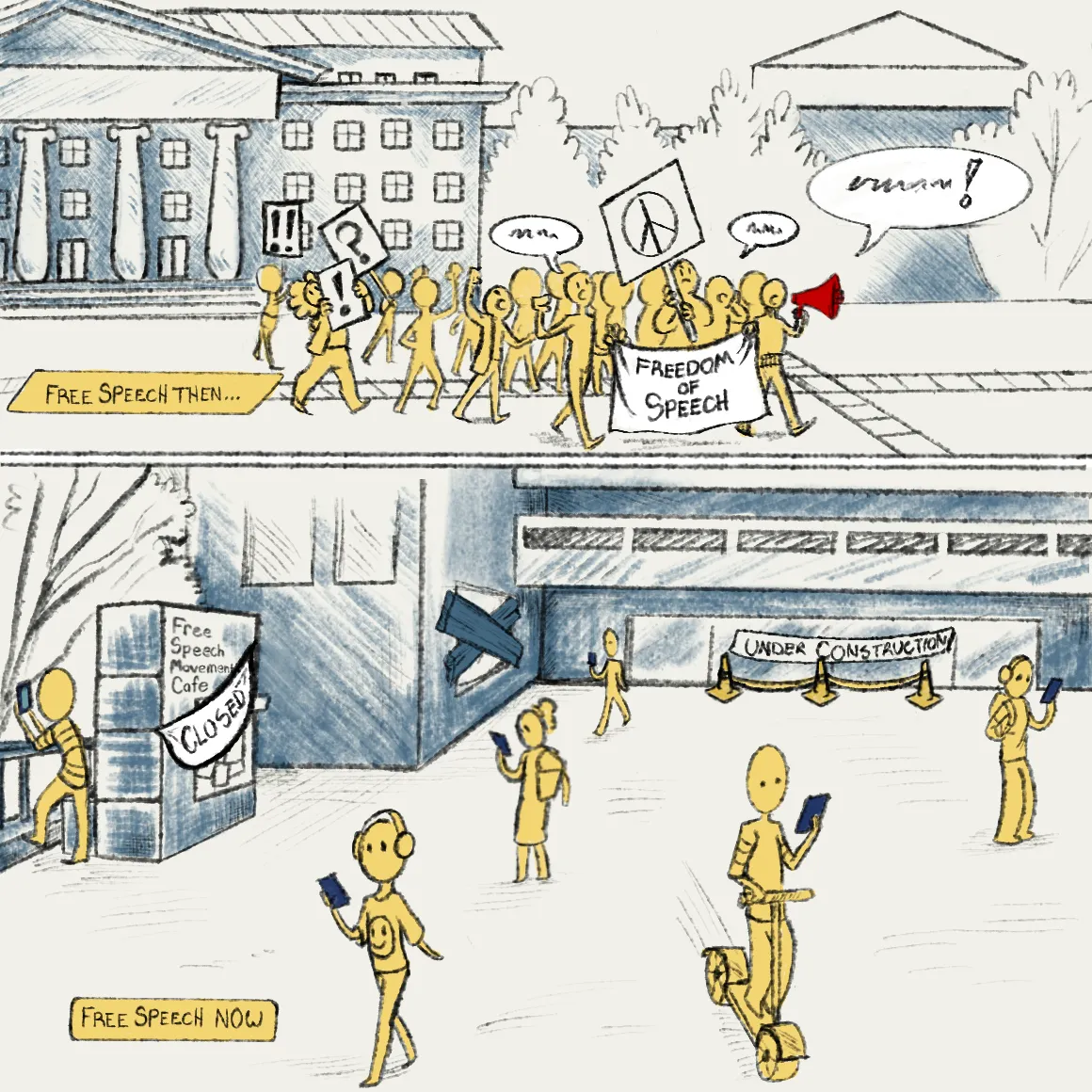 “The Free Speech University”, an editorial cartoon by Kaitlynn Brandon